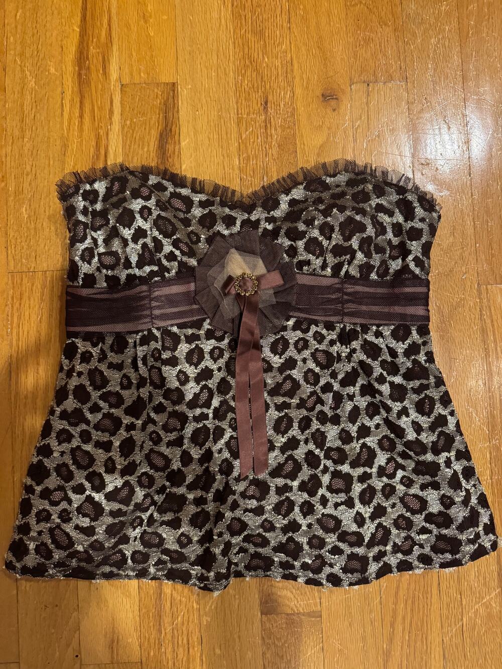 Nanette Lepore Brown Bow Animal Print Laced Corset